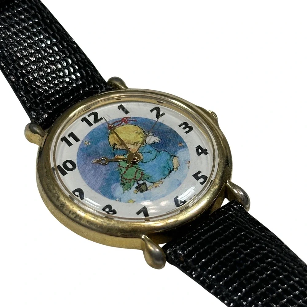 Vintage Milan Angel Watch Gold Tone Japan Black Lizard Leather needs battery